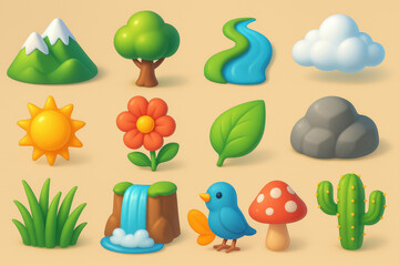 3d nature icons set: whimsical collection of trees, mountains, and more