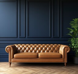 Luxurious Leather Sofa in Modern Interior with Dark Blue Wall