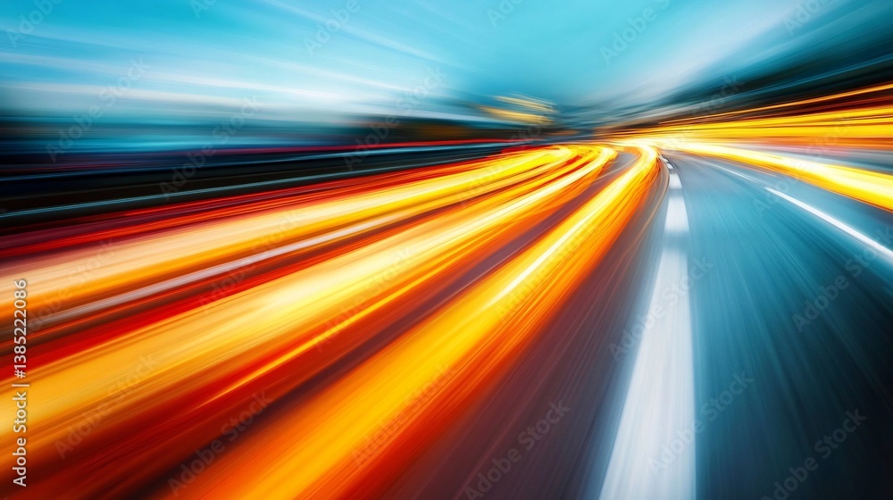 Poster fast moving traffic creating light trails on highway at night