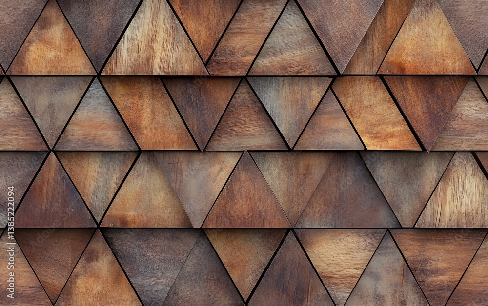 Poster textured wooden panels arranged in triangular patterns create a warm, rustic aesthetic, perfect for 