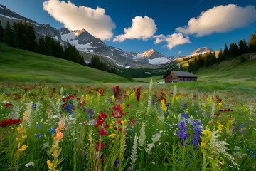 breathtaking alpine meadow bathed in warm summer sunlight, stretching out in a sea of lush green grass speckled with a dazzling array of colorful wildflowers