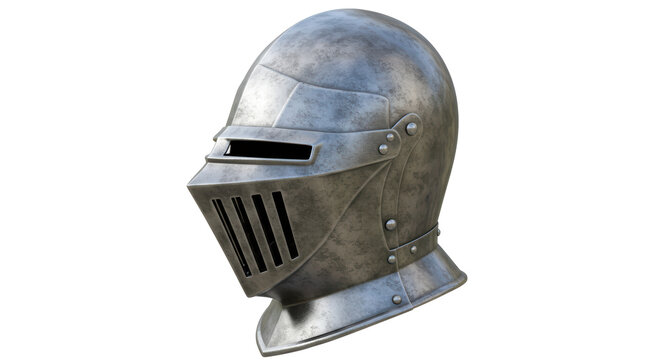 Isolated Medieval Knight Helmet with Rusty Metal Texture Symbolizing Armor