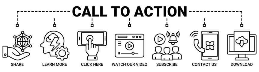 Call to action banner web icon vector illustration concept with icon of share, learn more, click here, watch our video, subscribe, contact us, and download icons outline symbol background.