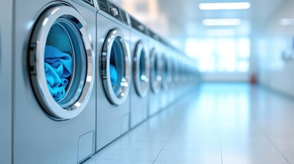 An orderly laundry room displays a row of modern washing machines, showcasing clean lines and organized spaces for efficient household chores and daily routines.