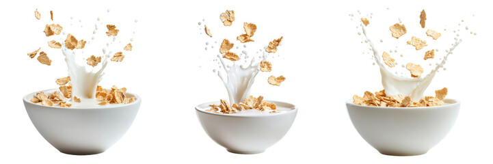 Three bowls of cereal with splashing milk and flying flakes.