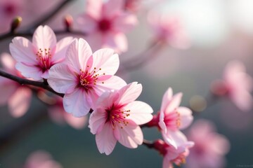 Obraz premium Delicate pink sakura blossoms, full bloom, soft petals , print, botanical