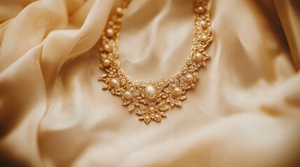 Vintage gold necklace with filigree detailing on a cream beige surface