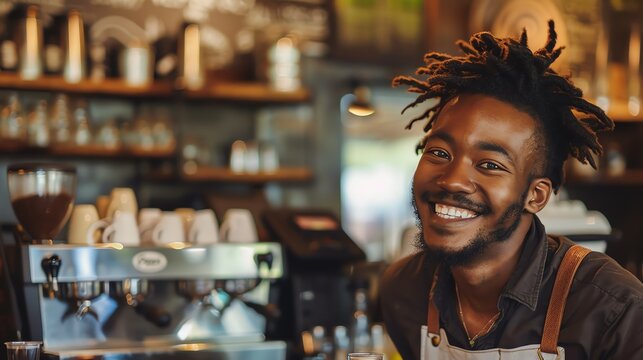 Cheerful barista making coffee in cafe. Small business owner.