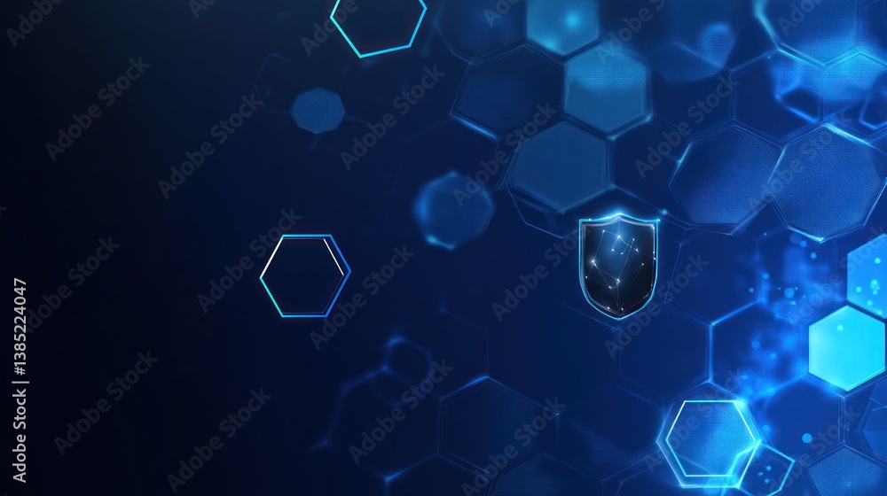 Poster abstract shield graphic on a dark blue tech background. possible use digital security concept