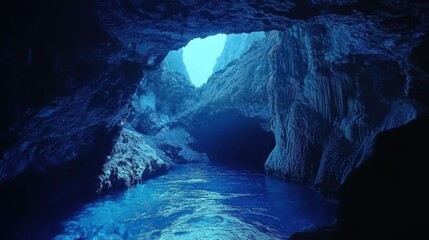 Dark blue sea cave entrance with calm water.