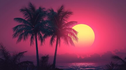 Tropical sunset beach, palm trees silhouette, ocean, pink sky, vacation