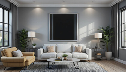 A stylish retro-modern living room with retro CRT color band walls, presenting a framed poster mockup in a minimalist white frame with a bold black border.