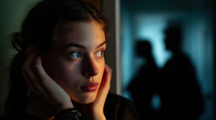 Fototapeta premium A young woman sits in a dark space, clutching her head as she observes conflicting figures in the background, embodying fear and tension