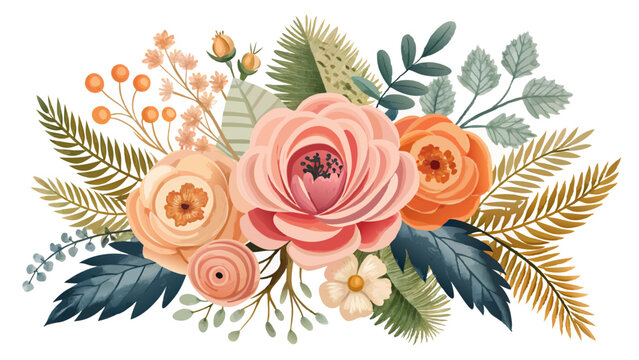Vector floral big element set: pink peach ranunculus flower bouquet blue berry branch, forest fern, tree fall leaves art foliage objects in watercolor style collection. Decorative elegant illustration