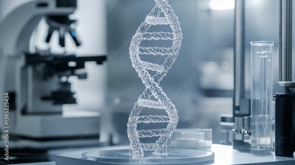 Poster innovative dna model representation laboratory science visualization futuristic environment close-up