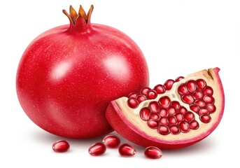 A whole pomegranate and a slice with seeds displayed on a white surface, close up view of the fruit