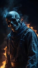 A ghostly skeleton in a blue robe, surrounded by blue smoke, holding a pulsating skull that emits smoke and sparks. 