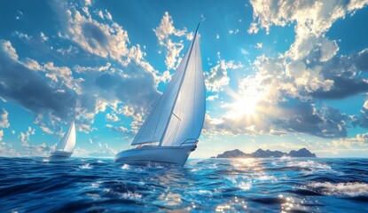 Two White Sailboats on a Vibrant Blue Ocean Under a Sunny Sky