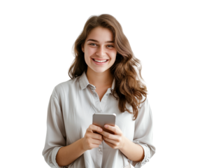 Girl holding smartphone and gesturing with hand, cheerful marketing pose isolated on transparent background
