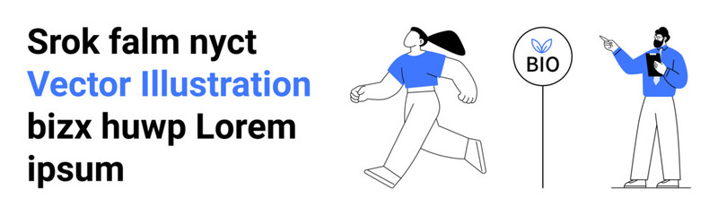 Woman walking confidently towards progress, man presenting ecological concept with Bio sign. Ideal for sustainability, environment, ecology, teamwork, ethical business, education, simple landing page