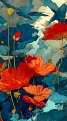 Vibrant Lotus and Hummingbird Art: A stunning artistic depiction showcasing the elegance of red lotus flowers and the grace of hummingbirds, painted with bold colors.