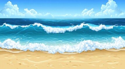 Ocean Waves Crashing on a Sandy Beach Under a Sunny Sky