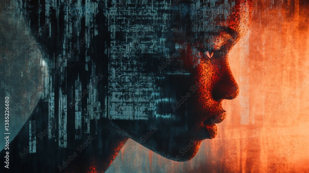 Poster digital transformation of identity a visual narrative on technology and humanity in a futuristic set