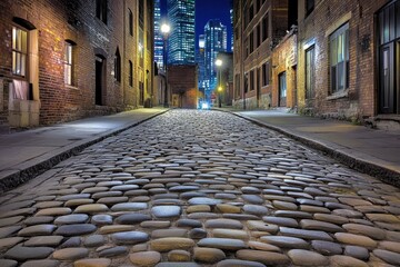 Fototapeta premium A quiet city alley at night, illuminated only by a few scattered streetlights and a distant neon glow