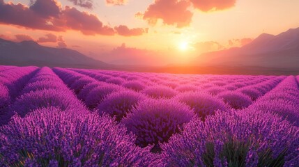Sunset over lavender fields, mountain backdrop, idyllic rural scene, perfect for travel brochures