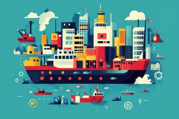 City Ship, urban transport, harbor scene, cityscape on a cargo vessel