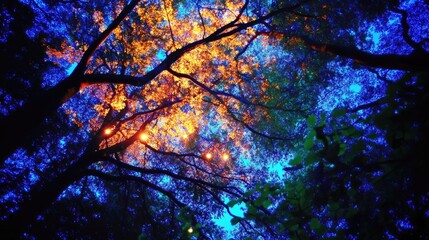 Blurred lights shining through tree branches