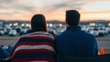 Fototapeta premium Cozy couple enjoying sunset view, wrapped in blanket, sitting together on grassy area. scene captures romantic atmosphere with cars in background and soft lighting