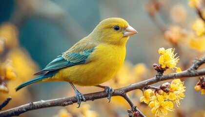 Obraz premium Vibrant Yellow Bird Perched on Blooming Branch