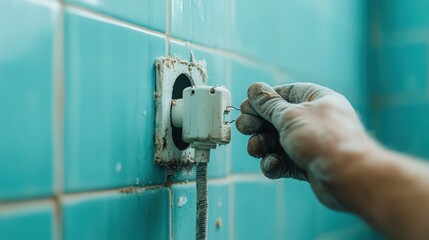 A person repairs an electrical outlet on a blue tiled wall, symbolizing the necessity for basic DIY skills and the significance of home upkeep in ensuring safety and functionality.