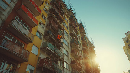 Residential building renovation with workers on scaffolding under sunlight