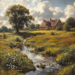 Obraz premium A peaceful rural landscape with a gentle stream running through a meadow and a distant farm
