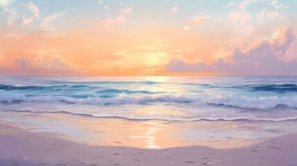 Fototapeta premium Pastel beach sunset, tranquil ocean, soft light. Possible use Background, wallpaper, social media