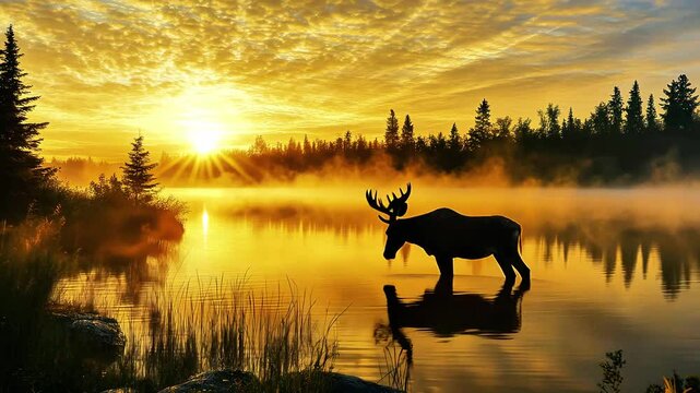 Majestic moose at tranquil lake during sunrise, surrounded by mist and tall trees, reflects serene landscape and wildlife, evoking peace and connection with nature.
