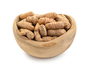 Raw turmeric roots in bowl isolated on white