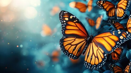 Fototapeta premium Monarch butterflies fluttering amidst teal foliage, sunlit background; nature, spring, serenity