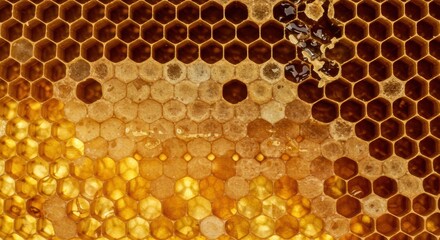 Golden honeycomb cells texture on full screen background, can be used to represent the honey industry, beekeeping, natural sweeteners and the beauty of nature.