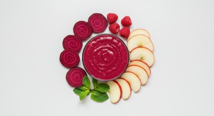 Red smoothie served with beetroot apple and raspberry slices. Fruit and vegetable smoothie for...