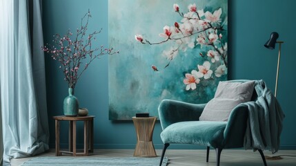 Cozy living room decor with floral art modern apartment interior design serene ambiance wide angle comfort and style