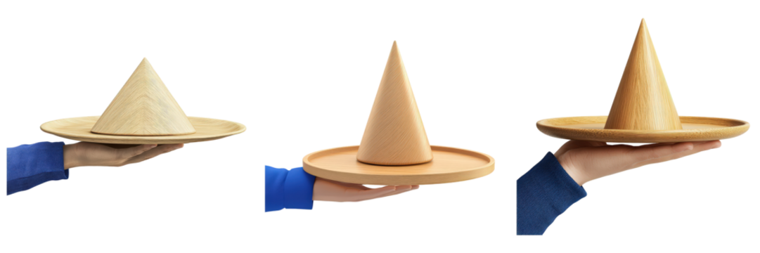 Hands present wooden cones on circular wooden trays.