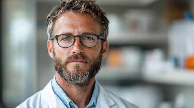 A male scientist with glasses and a lab coat is seen, showcasing a professional and serious demeanor, highlighting his dedication to research and innovation in a laboratory environment.