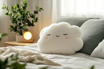 Cute cloud shaped pillow lying on bed with green pillows and knitted blanket in cozy bedroom