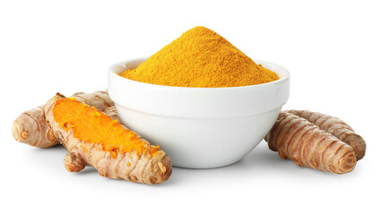 Turmeric powder in bowl and roots isolated on white