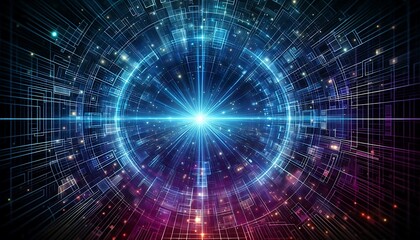 Obraz premium A glowing cyberpunk grid background in shades of electric blue and purple, with a sense of infinite depth.