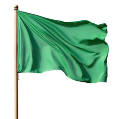 Green Flag Blowing in the Wind on a Pole Isolated on transparent background.