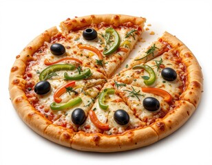 Slice of pizza, white background, overhead view